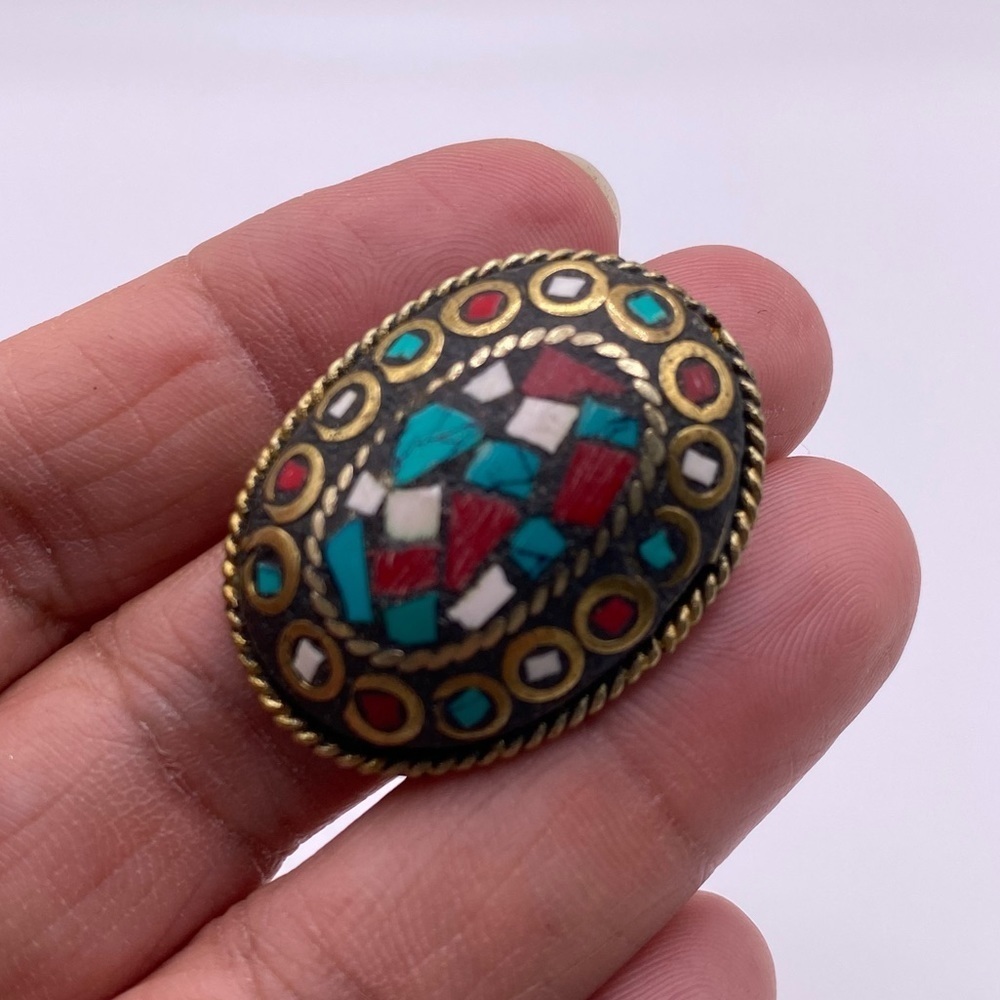 Brass Coral & Turquoise Oval Ring Adjustable